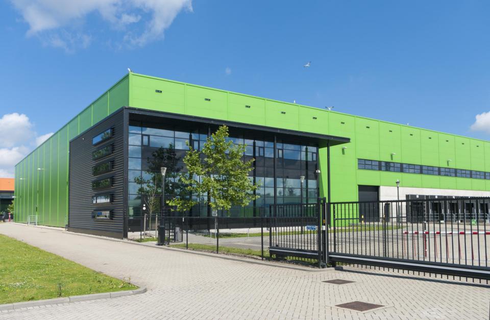 Commercial building with green metal exterior